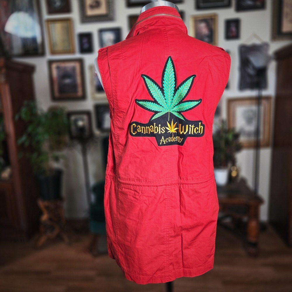 Chris Christy Red Cannabis Witch Academy Utility Vest Longline Field Jacket 85